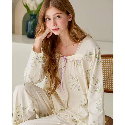 芬腾女士长袖睡衣春秋季纯棉套头套装新款休闲大码女款全棉家居服 商品图0