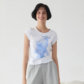 谜底印花T恤短袖女2025春季新品百搭休闲修身棉弹上衣251MT0144