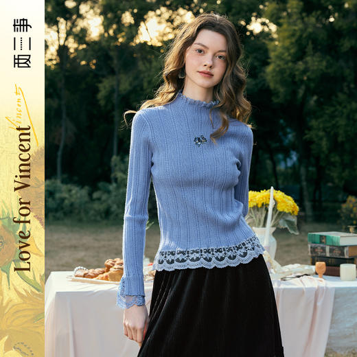 两三事梵高文艺鸢影入梦2025春季新款绣花蕾丝拼接打底衫女针织衫 商品图0