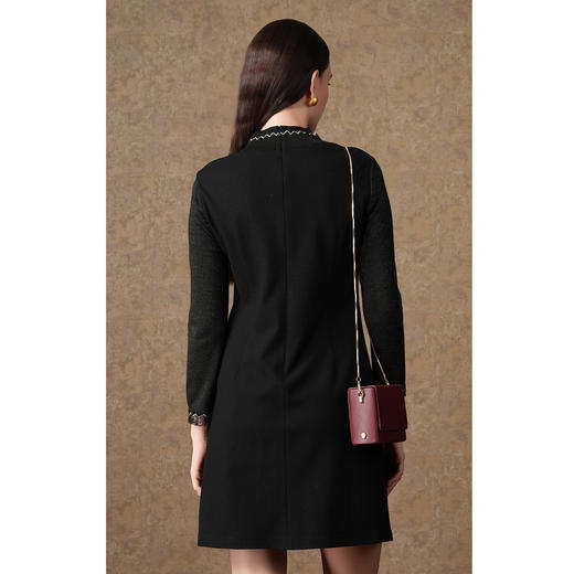 乔万尼秋冬新款百搭显瘦简约拼接羊毛弹力小立领黑色连衣裙ES4E319 商品图4