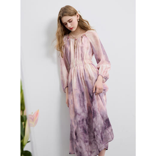 三彩2025春季新款法式复古晕染长裙宽松高腰连衣裙气质显瘦M 商品图3