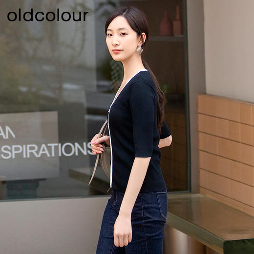 oldcolour春季新品时尚V领撞色洋气通勤设计感短外套女Q130513A1 商品图1