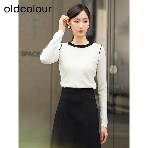 oldcolour春季新品圆领拼色时尚通勤显瘦毛织套头衫女Q120510A1 商品图4