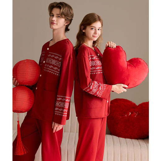 春秋季长袖纯棉红色蛇年男女款家居服套装 A-4151  芬腾 商品图4