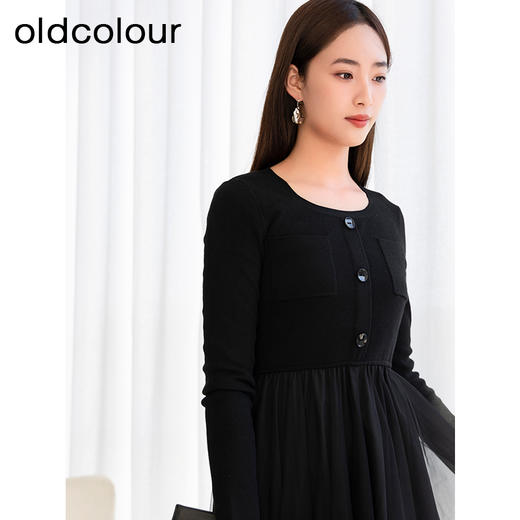 oldcolour春季新款黑色气质蕾丝拼接网纱长袖连衣裙女Q111001A1 商品图1