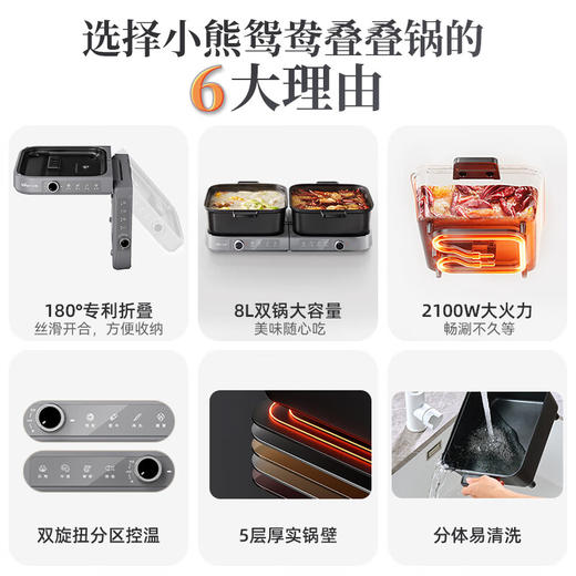 小熊（Bear）电火锅8L 分区控温鸳鸯锅 火锅专用锅 叠叠锅家用分体多功能锅折叠收纳3分20秒速沸E80H5 商品图1