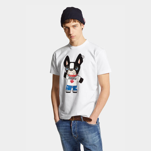DSQUARED2 男士卡通小狗徽标印花棉质圆领短袖T恤 白色 S74GD1325 D20020 100 商品图1
