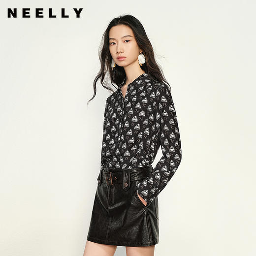 NEELLY纳俪商场同款春季新款时尚几何图案女莱赛尔显瘦长袖衬衫N25012B01042 商品图0