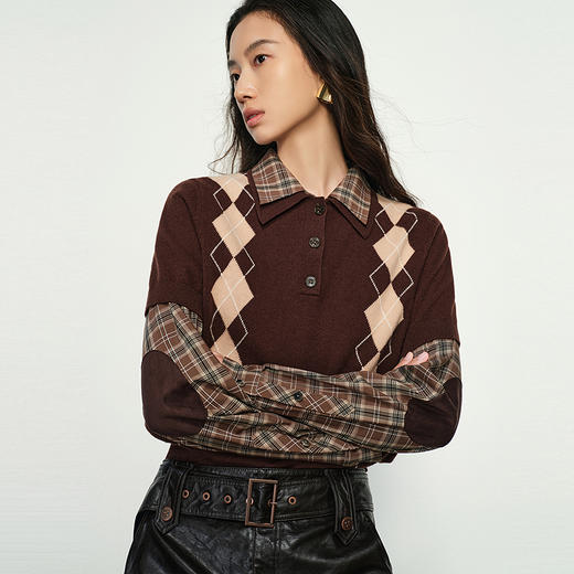 NEELLY纳俪商场同款春季新款菱格针织短袖设计上衣女减龄针织衫N25012A01037 商品图2