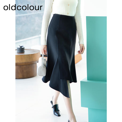 oldcolour春季新品黑色高腰时尚气质不规则百搭半身裙女Q120615A1 商品图1