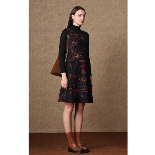 乔万尼秋冬新款羊毛呢提花面料拼接立领设计感国风气质显瘦连衣裙ES4E305 商品图1