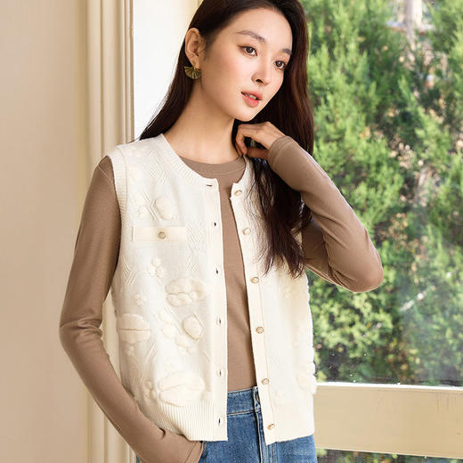 玳莎提花圆领针织马甲女2025年早春新款100%羊毛圆领马夹内搭上衣  FA33001 商品图0