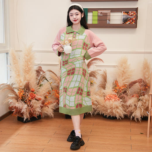 两三事 逆转梦境 2024冬季新款复古格子拼色polo领毛衣裙连衣裙 商品图2