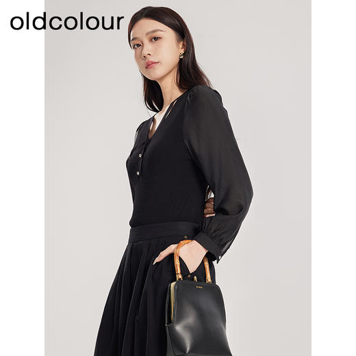 oldcolour春季新品时尚拼接纯色V领通勤百搭套头衫女Q130520A1 商品图3
