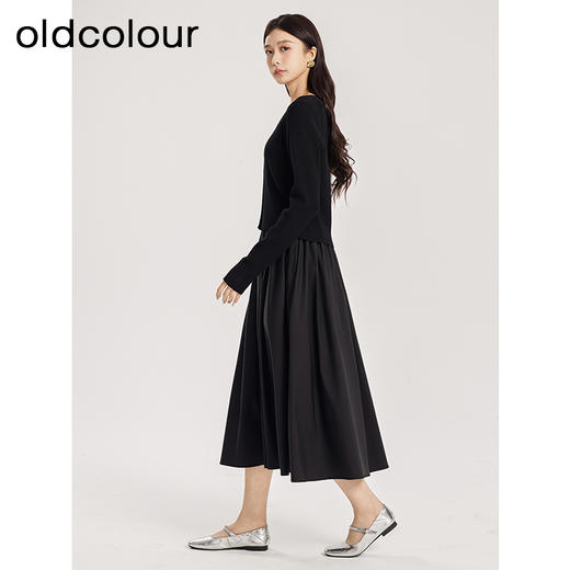 oldcolour春季新品黑色法式圆领时尚拼接针织连衣裙女Q120516A1 商品图0