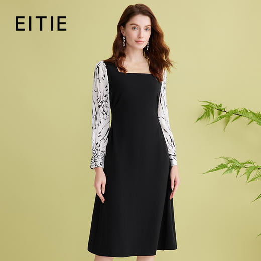 EITIE爱特爱印花拼接复古方领气质收腰显瘦a字连衣裙春季新款A2507507 商品图0