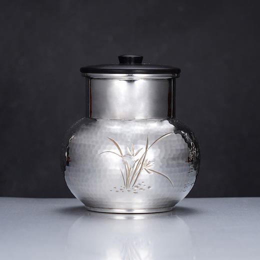 子佩集S990银【幽兰隐芳】茶叶罐纯银【SX001】锤纹茶具原创作品 商品图0
