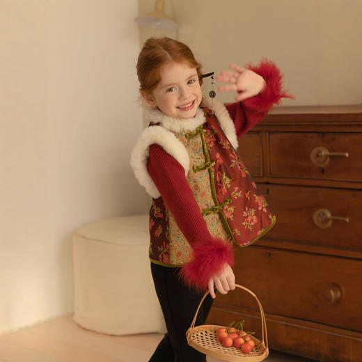 儿童拜年服背心女童，新中式国风复古拼接毛毛坎肩马甲MT-46384 商品图0