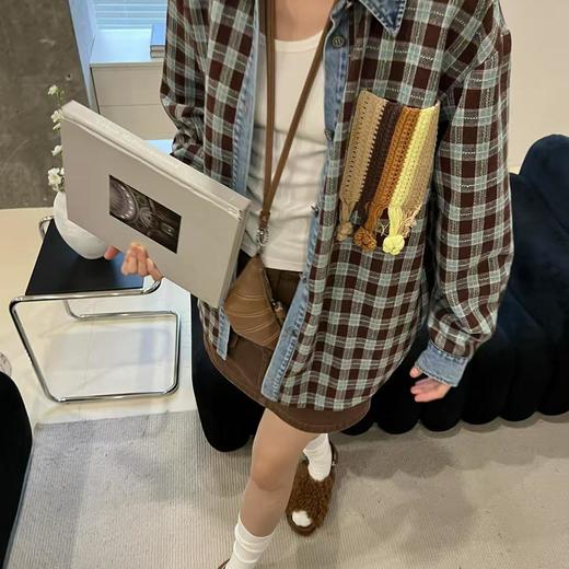 顺丰包邮42644洛诗琳美式复古手钩花格纹拼接牛仔廓形羊毛衬衫539 商品图3
