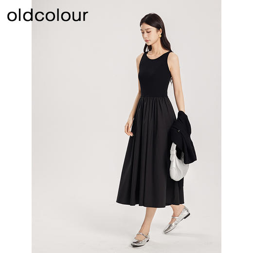 oldcolour春季新品黑色法式圆领时尚拼接针织连衣裙女Q120516A1 商品图2