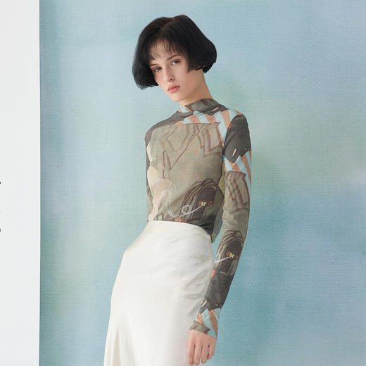 谜底印花高弹打底衫长袖女2025春新品文艺风网纱上衣T恤251MT0145 商品图1