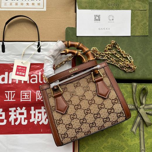 GUCCI古驰 Diana 竹节 双G徽标可拆卸可调节肩带 帆布拼皮革饰边 帆布包托特包Tote包购物袋单肩斜挎手提包 迷你 女款 棕色（CB） 商品图1