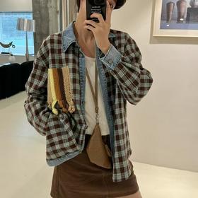 顺丰包邮42644洛诗琳美式复古手钩花格纹拼接牛仔廓形羊毛衬衫539