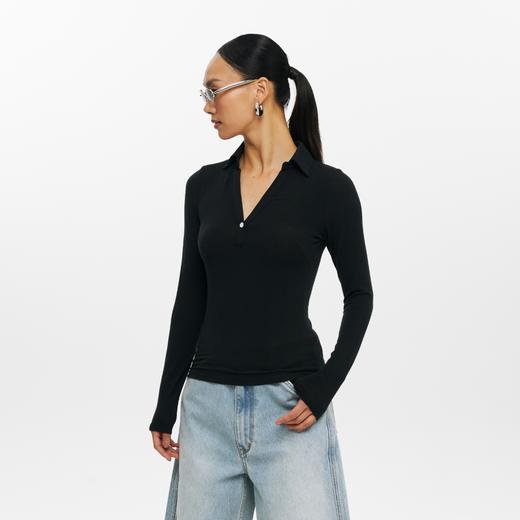 oneup苎麻V领翻领修身长袖Polo 商品图1