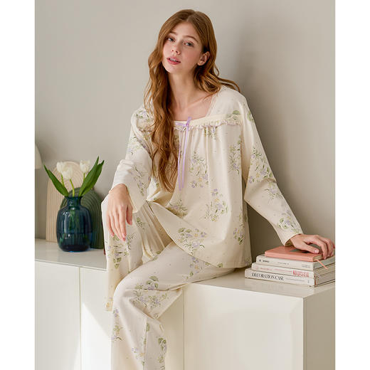 芬腾女士长袖睡衣春秋季纯棉套头套装新款休闲大码女款全棉家居服 商品图4