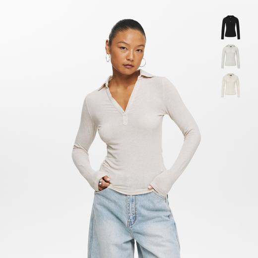 oneup苎麻V领翻领修身长袖Polo 商品图0