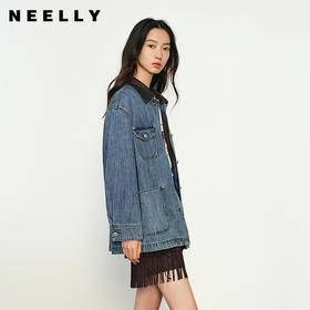 NEELLY纳俪商场同款春季新款牛仔宽松短外套女翻领撞色气质上衣N25012C01053