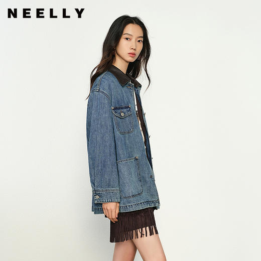NEELLY纳俪商场同款春季新款牛仔宽松短外套女翻领撞色气质上衣N25012C01053 商品图0