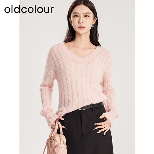 oldcolour春季新款纯色气质V领软糯温柔套头针织衫女Q110515A1 商品图0