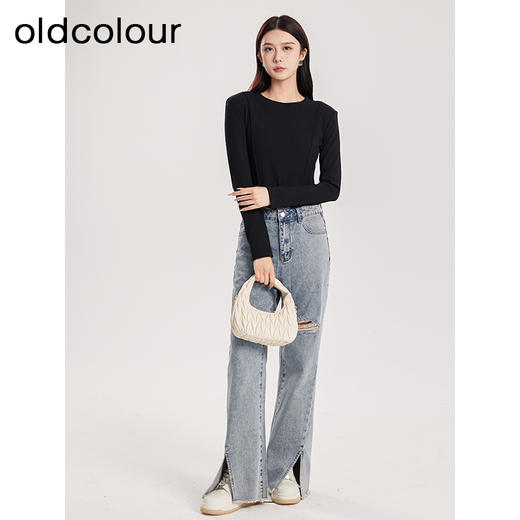 oldcolour春季新款纯色圆领简约休闲百搭短款长袖T恤女Q110203A1 商品图3