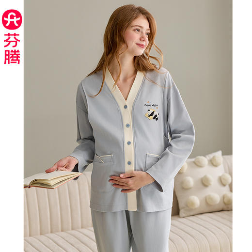 芬腾月子服女纯棉长袖睡衣套装春秋季孕妇产后哺乳喂奶全棉家居服 商品图0