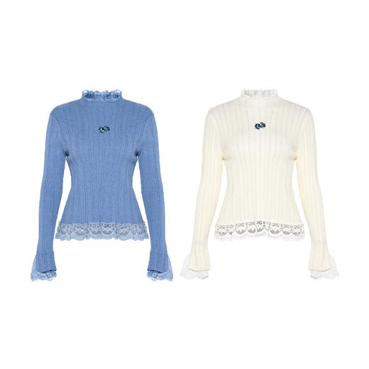 两三事梵高文艺鸢影入梦2025春季新款绣花蕾丝拼接打底衫女针织衫 商品图4