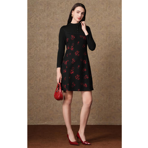 乔万尼新款秋冬印花连衣裙气质时尚修身收腰显瘦中长裙ES4E318 商品图2