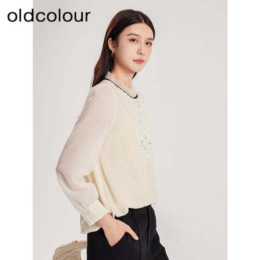 oldcolour春季新款设计感小众气质荷叶领亮片长袖上衣女Q110112A1 商品图2