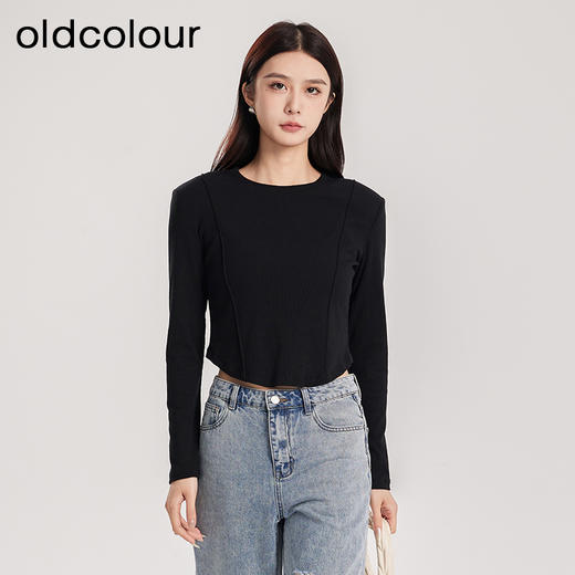 oldcolour春季新款纯色圆领简约休闲百搭短款长袖T恤女Q110203A1 商品图2