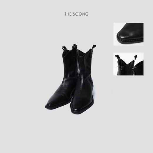 THESOONG"Nantes"复古牛皮时髦尖头切尔西粗跟短靴HWXZ6358 商品图1
