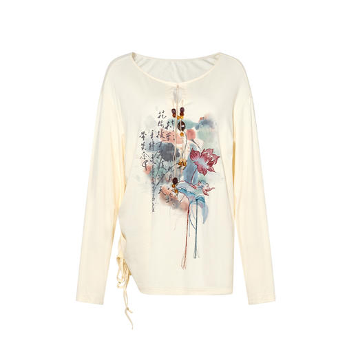 两三事藕花深处2025春季新款复古水墨印花串珠挂脖长袖t恤女宽松 商品图4