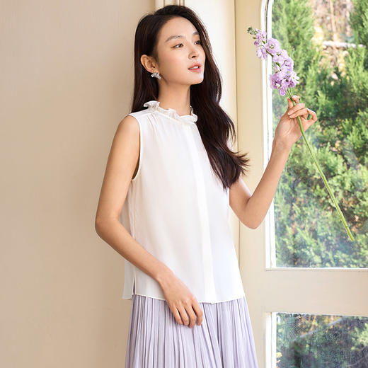 玳莎木耳边领真丝无袖衬衫女2025春季新款100%桑蚕丝白色内搭上衣  FA31002 商品图1