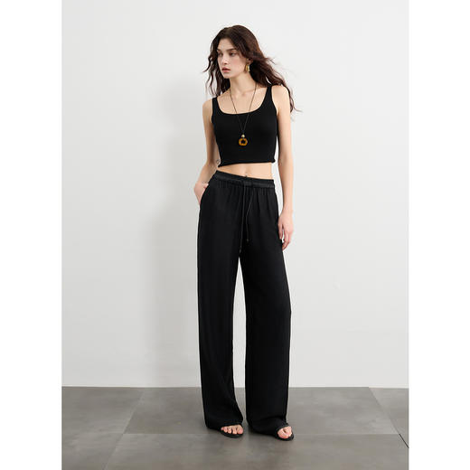 三彩2025春季新款轻奢醋酸禅意裤松紧高腰长裤宽松直筒裤显瘦S 商品图1