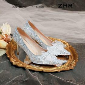 ZHR则则尖头蝴蝶结高跟鞋2025新款气质百搭细跟伴娘鞋单鞋新娘鞋