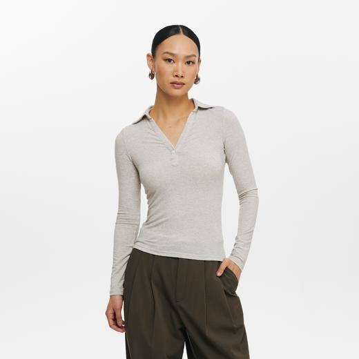 oneup苎麻V领翻领修身长袖Polo 商品图2