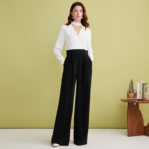 EITIE爱特爱气质飘带撞色收腰通勤显瘦阔腿连体裤2025春季新款A2512501 商品图2
