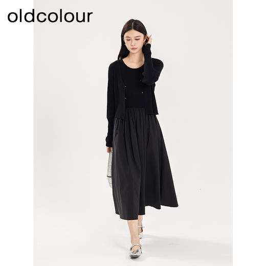 oldcolour春季新品黑色法式圆领时尚拼接针织连衣裙女Q120516A1 商品图1