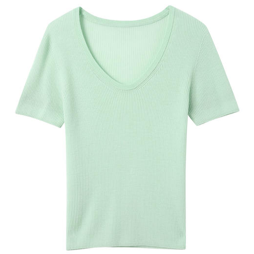 三彩2025春季新款无缝一体修身短款绵羊毛针织衫短袖套头衫S 商品图4