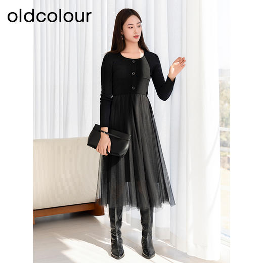 oldcolour春季新款黑色气质蕾丝拼接网纱长袖连衣裙女Q111001A1 商品图3