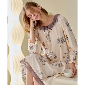 芬腾睡裙女春秋季新款纯棉长袖睡衣裙女款宽松休闲大码家居服中裙